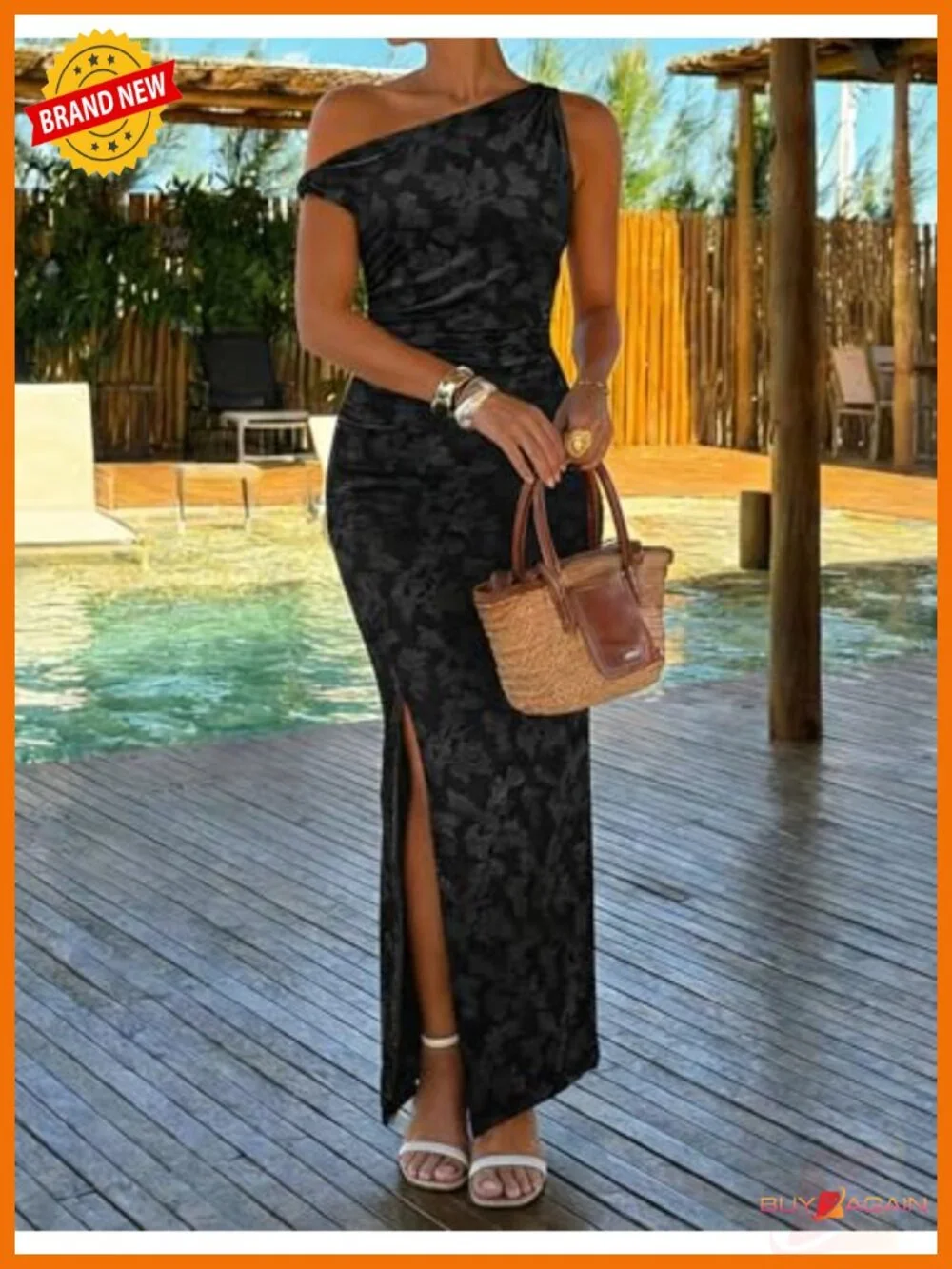 One Shoulder Floral Bodycon Midi Dress Sleeveless Ruched Slit